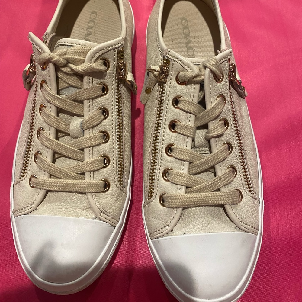 Coach athletic gym shoe, With side zippers, Tan, shoes size 9.5